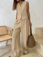 Women's Cotton Linen Two Piece Set – Waistcoat Wide Leg Relaxed Fit-Women's Two Piece Sets-Beige-S-