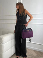Women's Cotton Linen Two Piece Set – Waistcoat Wide Leg Relaxed Fit-Women's Two Piece Sets-Black-S-