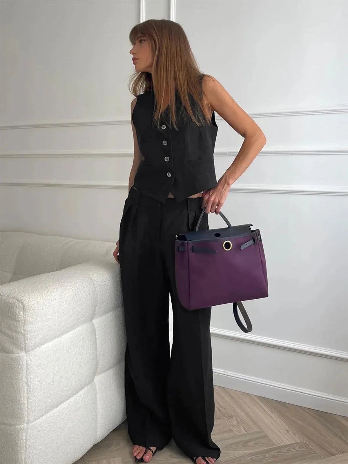 Women's Cotton Linen Two Piece Set – Waistcoat Wide Leg Relaxed Fit-Women's Two Piece Sets-Black-S-