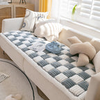 Chenille pet blanket with gray and white striped tiles and scalloped edge