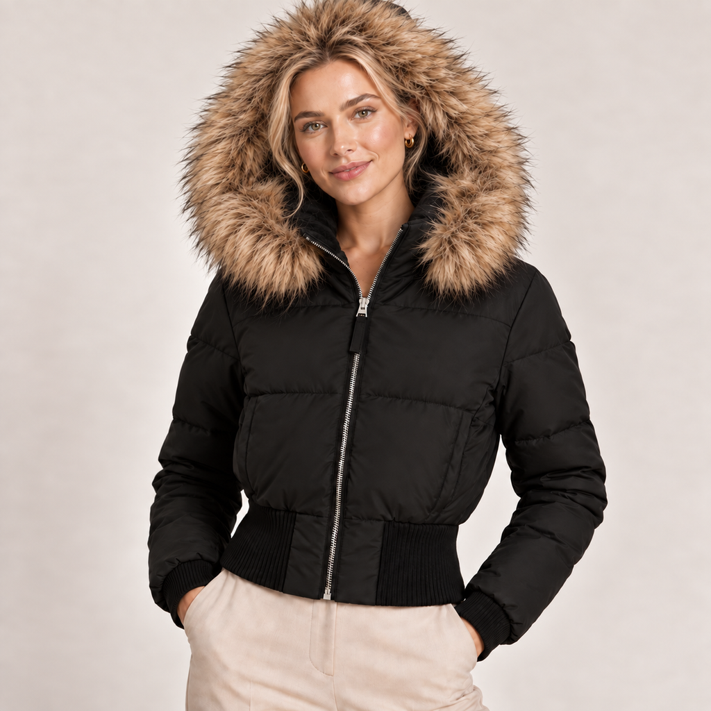 Cropped black puffer jacket with faux fur hood, front zipper, ribbed cuffs and hem