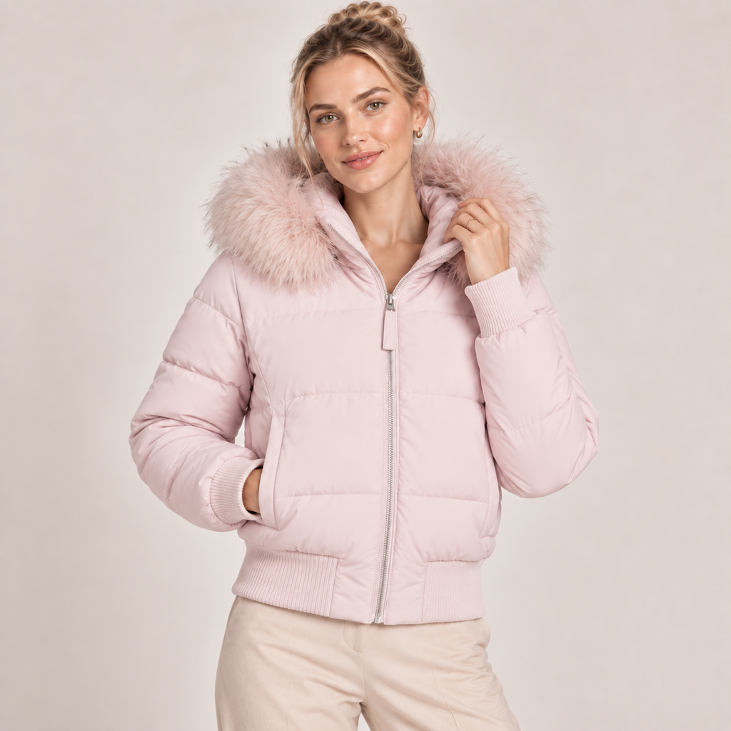 Cropped pink puffer jacket with faux fur hood, front zipper, ribbed cuffs and hem