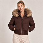 Cropped brown puffer jacket with faux fur hood trim, front zipper, ribbed cuffs