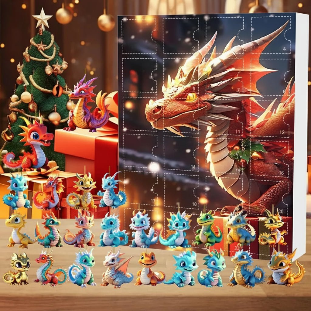 Dragon advent calendar display with 24 colorful cartoon dragon keychain pendants