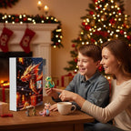 Family with dragon advent calendar panel and miniature dragon keychains on table