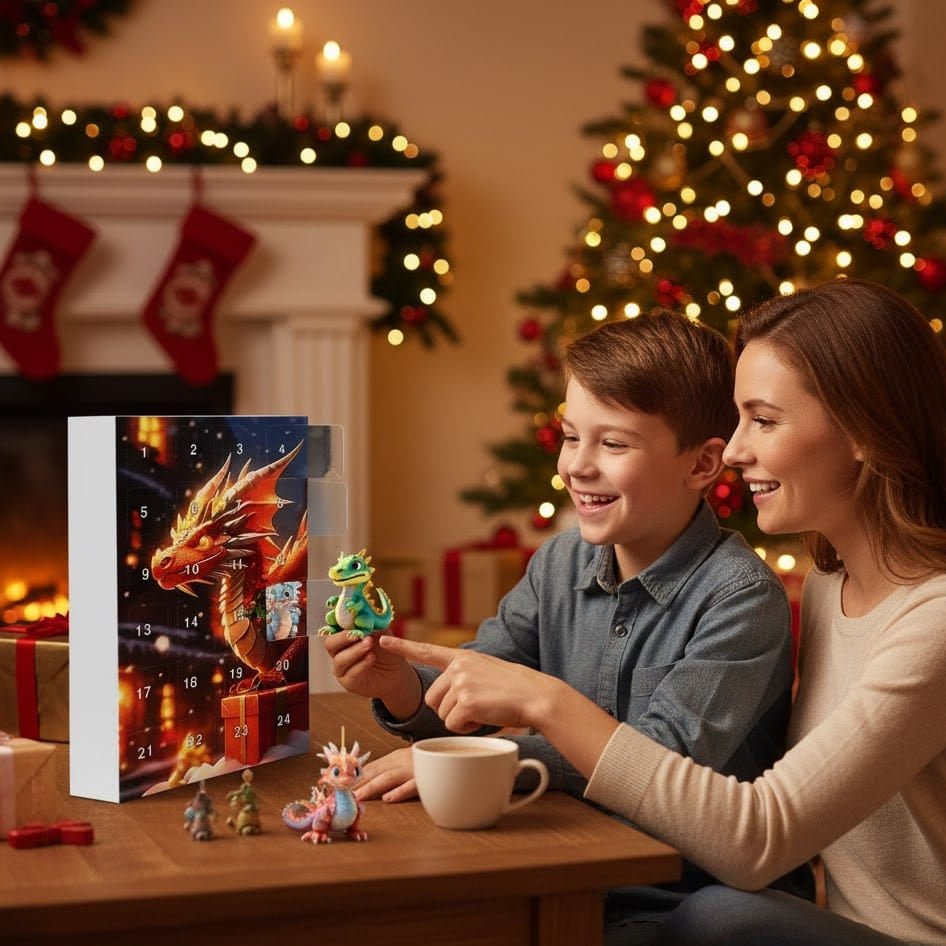 Family with dragon advent calendar panel and miniature dragon keychains on table