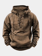 Men's khaki lace-up hooded sweatshirt with lace-up neckline and kangaroo pocket