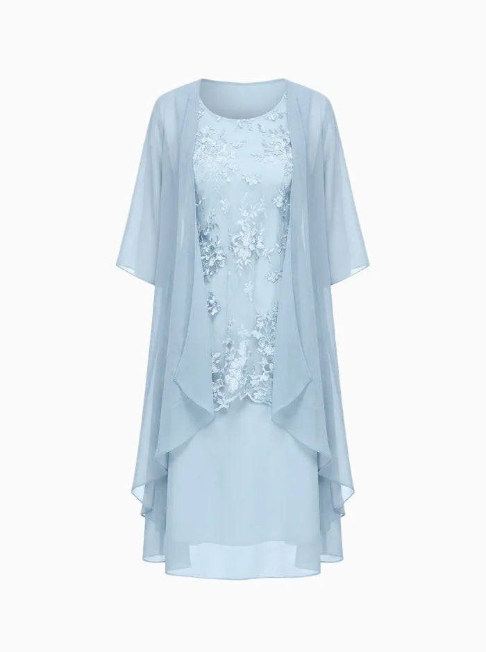 Danielle Floral Midi Dress – Round Neck 3/4 Sleeve Wedding Guest Style-Evening Dress-Sky blue-S-Camoufit