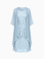 Danielle Floral Midi Dress – Round Neck 3/4 Sleeve Wedding Guest Style-Evening Dress-Sky blue-S-Camoufit