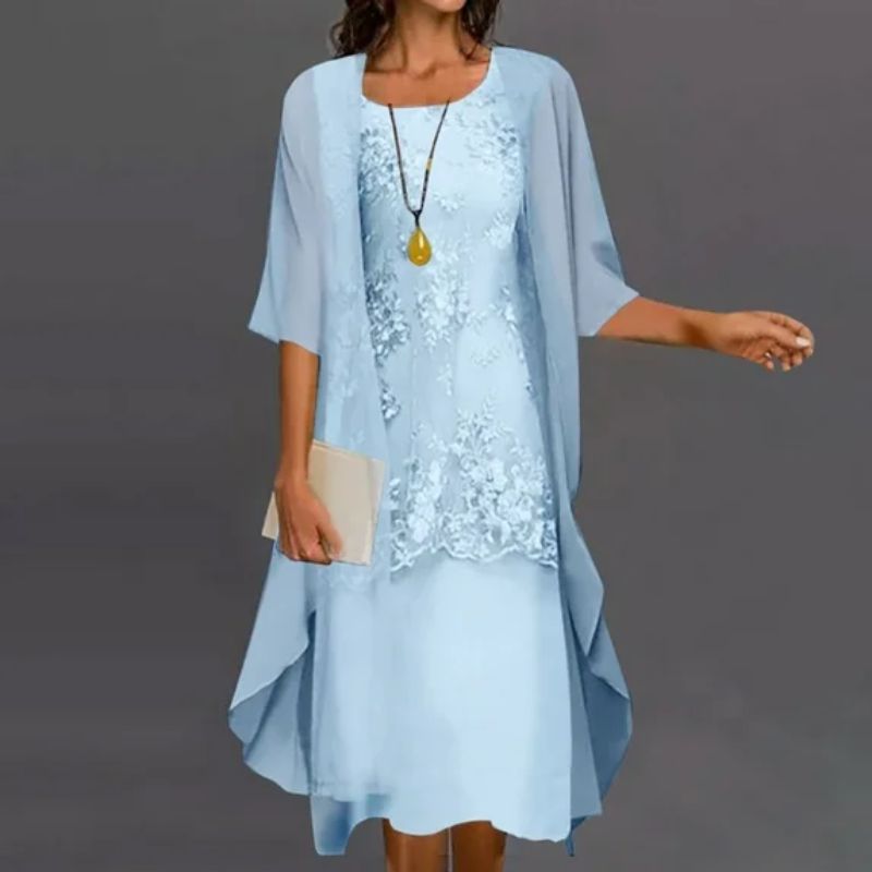 Danielle Floral Midi Dress – Round Neck 3/4 Sleeve Wedding Guest Style-Evening Dress-Sky blue-S-Camoufit