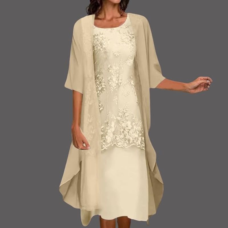 Danielle Floral Midi Dress – Round Neck 3/4 Sleeve Wedding Guest Style-Evening Dress-Yellow-S-Camoufit