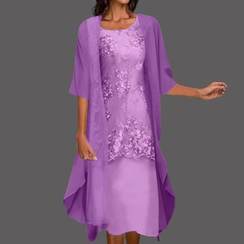 Danielle Floral Midi Dress – Round Neck 3/4 Sleeve Wedding Guest Style-Evening Dress-Violet-S-Camoufit
