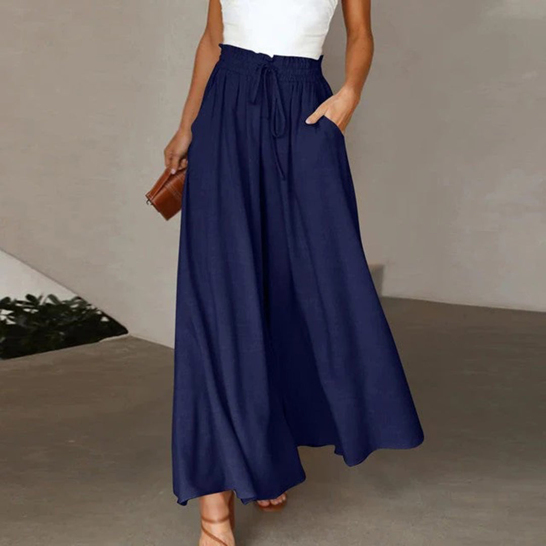 Isadora | High Waist Elastic Pants for Women - Drawstring A-Line Pockets Long Airy Fit-Women's Pants-Dark Blue-S-Camoufit