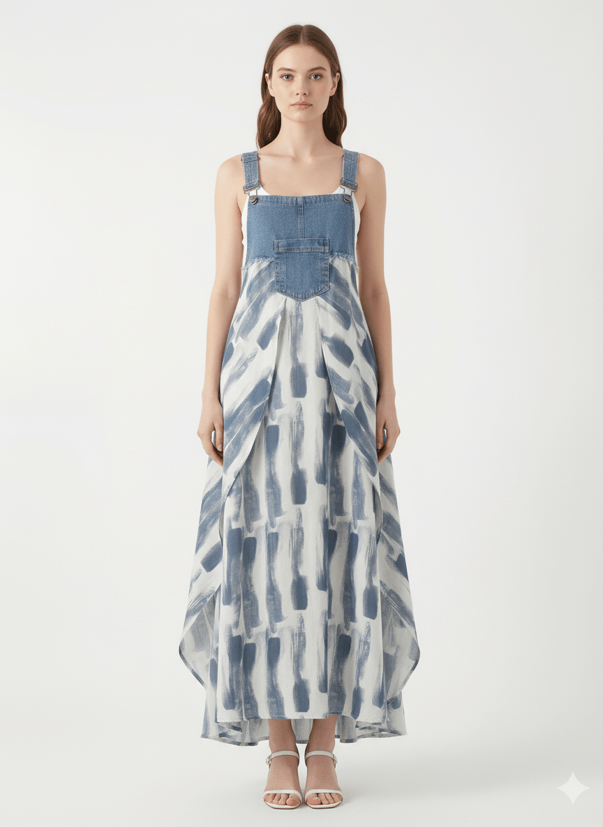 Denim Patchwork Watercolor Maxi Overall Dress-Dresses-CAMOUFIT-Blue-M-Camoufit