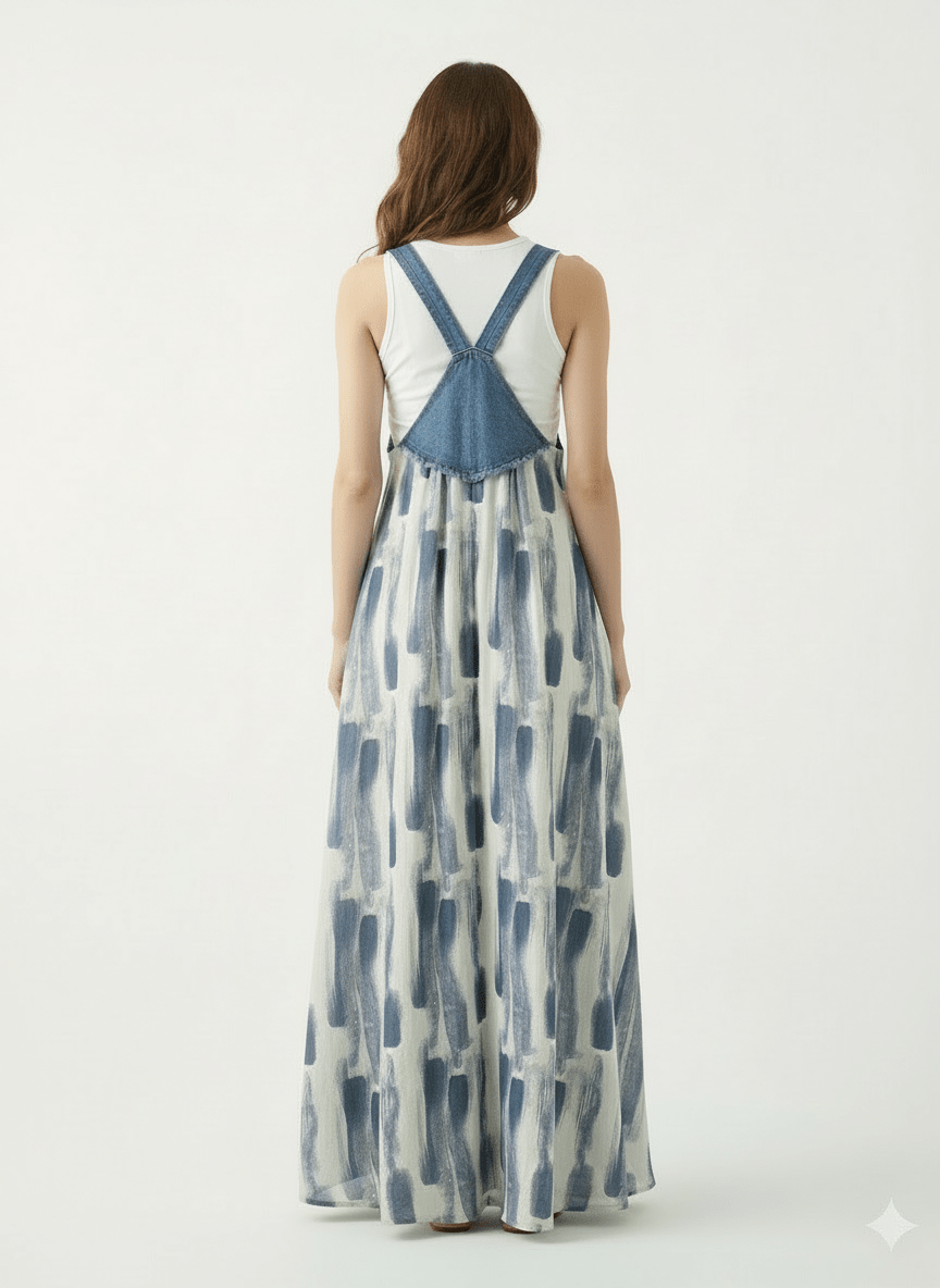 Denim Patchwork Watercolor Maxi Overall Dress-Dresses-CAMOUFIT-Blue-M-Camoufit
