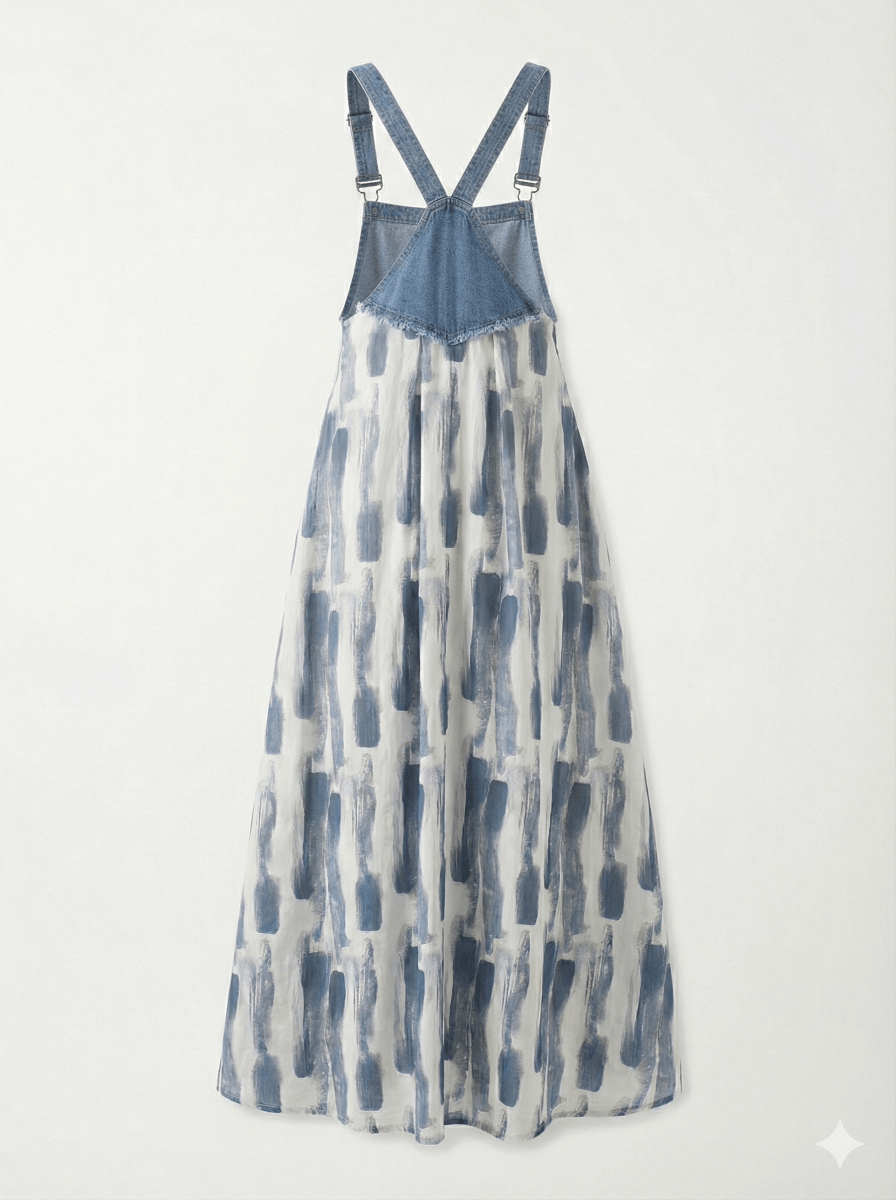 Denim Patchwork Watercolor Maxi Overall Dress-Dresses-CAMOUFIT-Blue-M-Camoufit