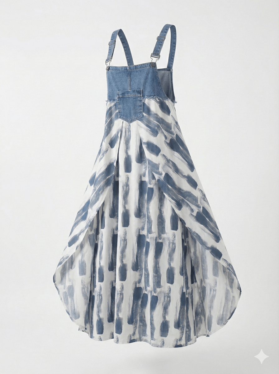 Denim Patchwork Watercolor Maxi Overall Dress-Dresses-CAMOUFIT-Blue-M-Camoufit