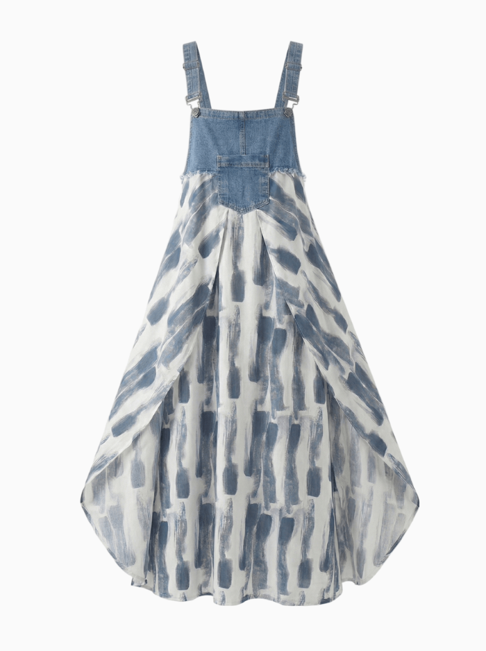 Denim Patchwork Watercolor Maxi Overall Dress-Dresses-CAMOUFIT-Blue-M-Camoufit