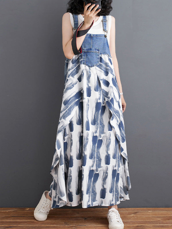 Denim Patchwork Watercolor Maxi Overall Dress-Jumpsuits & Overalls-Camoufit