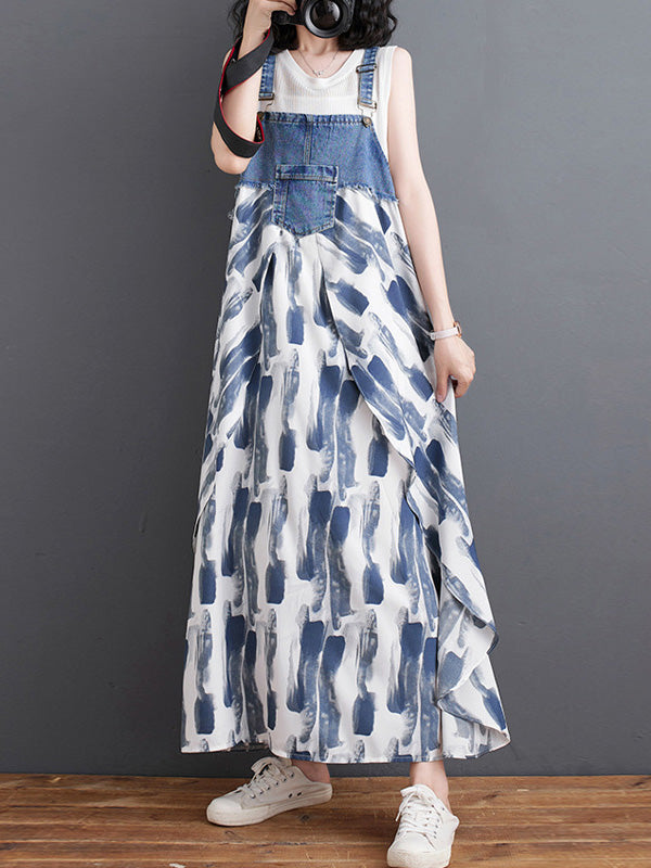 Denim Patchwork Watercolor Maxi Overall Dress-Jumpsuits & Overalls-Camoufit