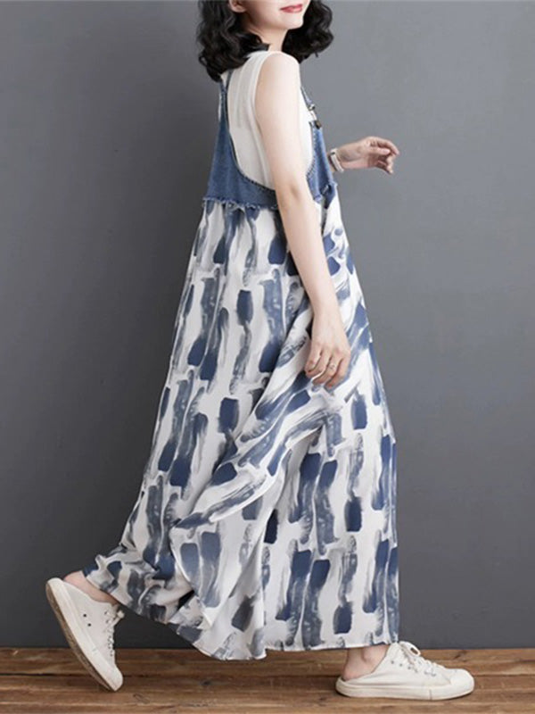 Denim Patchwork Watercolor Maxi Overall Dress-Jumpsuits & Overalls-Camoufit