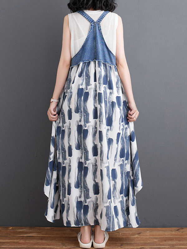 Denim Patchwork Watercolor Maxi Overall Dress-Jumpsuits & Overalls-Camoufit