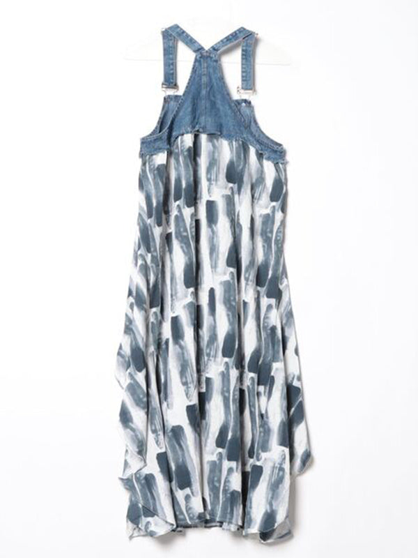 Denim Patchwork Watercolor Maxi Overall Dress-Jumpsuits & Overalls-Camoufit