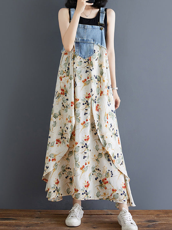 Denim Patchwork Watercolor Maxi Overall Dress-Jumpsuits & Overalls-Camoufit