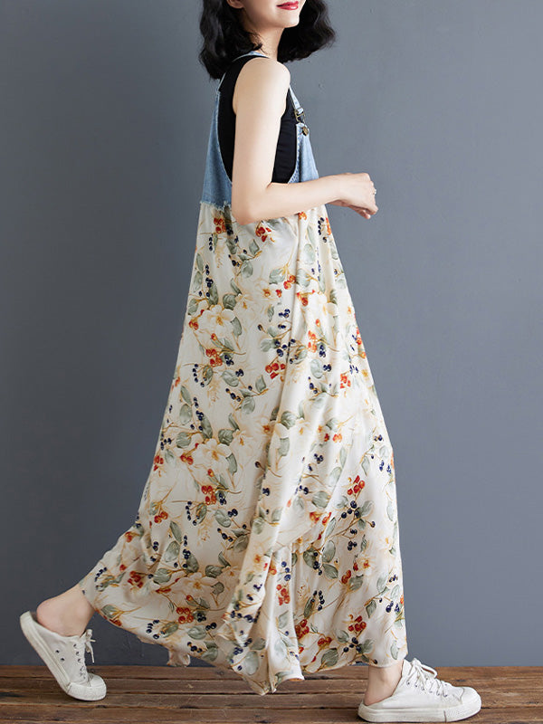 Denim Patchwork Watercolor Maxi Overall Dress-Jumpsuits & Overalls-Camoufit