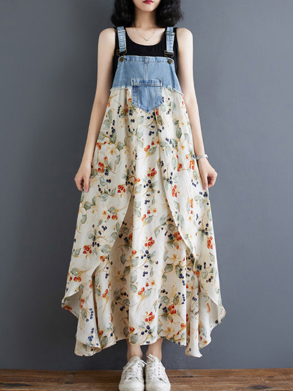 Denim Patchwork Watercolor Maxi Overall Dress-Jumpsuits & Overalls-Beige-M-Camoufit