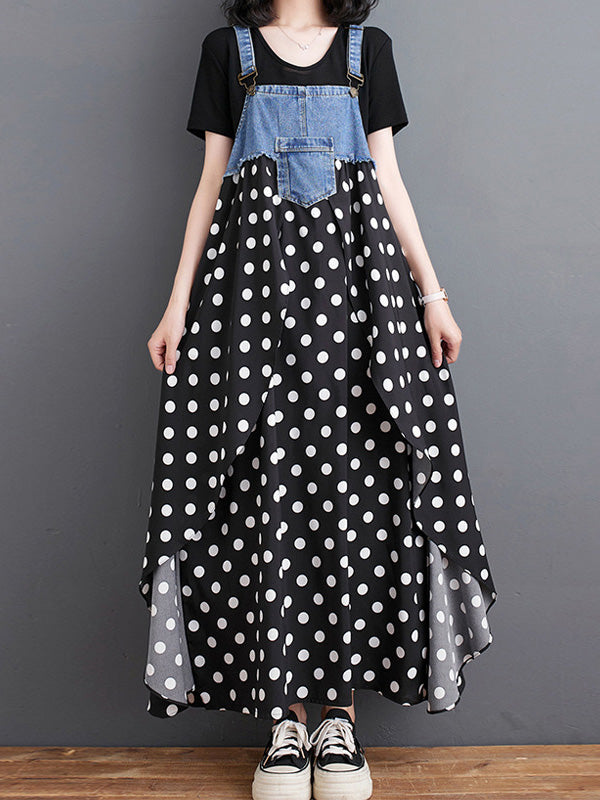 Denim Patchwork Watercolor Maxi Overall Dress-Jumpsuits & Overalls-Black-M-Camoufit