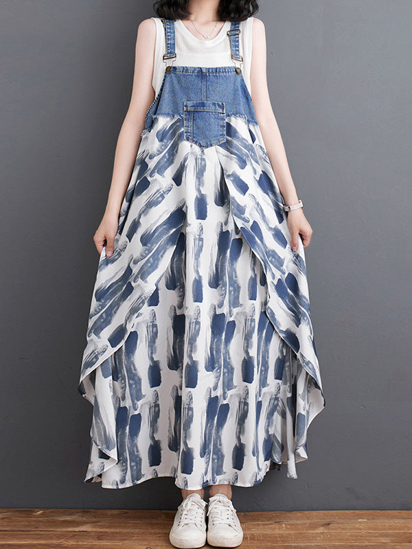 Denim Patchwork Watercolor Maxi Overall Dress-Jumpsuits & Overalls-Blue-M-Camoufit