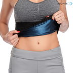 Blue sauna-effect waist belt worn under workout sports bra, held in place