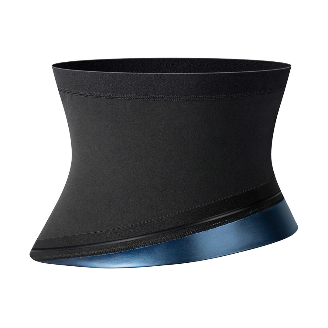 Neoprene waist shaper with black band and blue sauna-belt edge