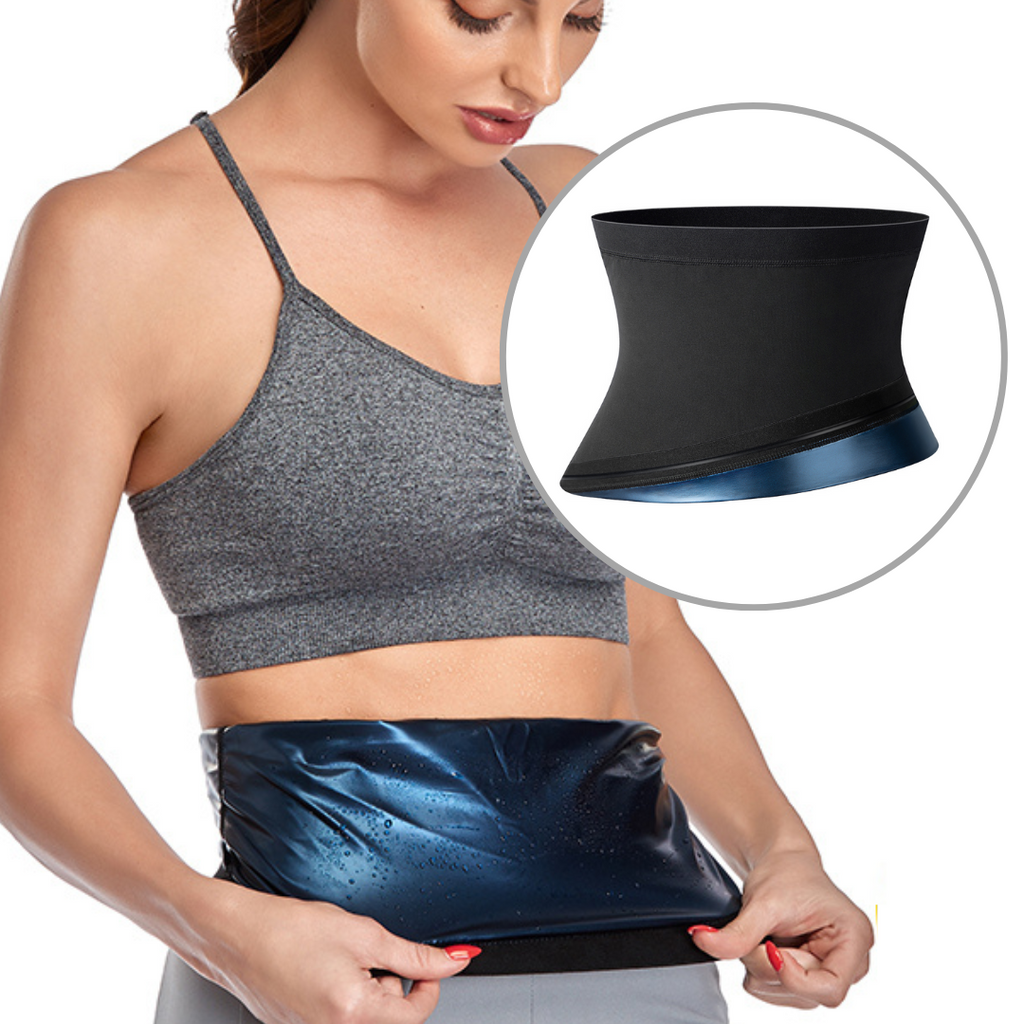 Black and blue neoprene waist shaper shown on model with inset detail