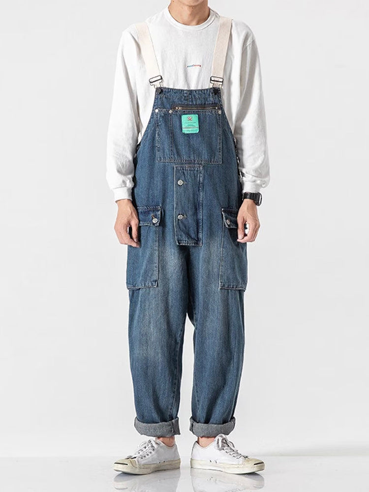 Distressed Denim Suspenders Multi-Pocket Overalls-Jumpsuits & Overalls-Camoufit