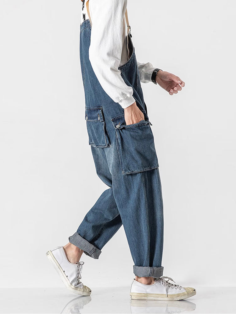 Distressed Denim Suspenders Multi-Pocket Overalls-Jumpsuits & Overalls-Camoufit