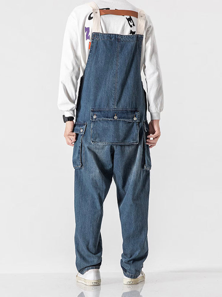 Distressed Denim Suspenders Multi-Pocket Overalls-Jumpsuits & Overalls-Camoufit