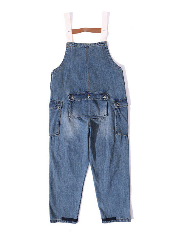 Distressed Denim Suspenders Multi-Pocket Overalls-Jumpsuits & Overalls-Camoufit