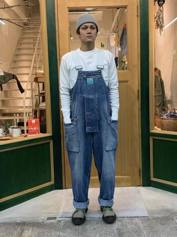Distressed Denim Suspenders Multi-Pocket Overalls-Jumpsuits & Overalls-Camoufit