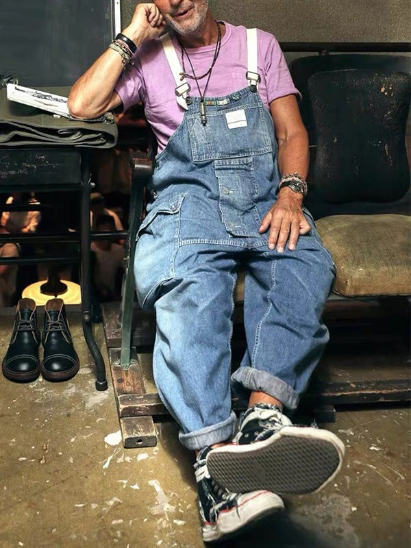 Distressed Denim Suspenders Multi-Pocket Overalls-Jumpsuits & Overalls-Light Blue-S(Jeans 28)-Camoufit