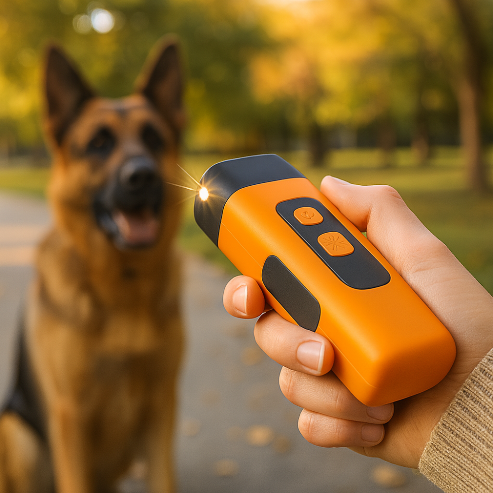 Orange and black handheld ultrasonic dog trainer with control buttons