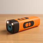 Orange and black ultrasonic dog trainer on table with front speaker opening