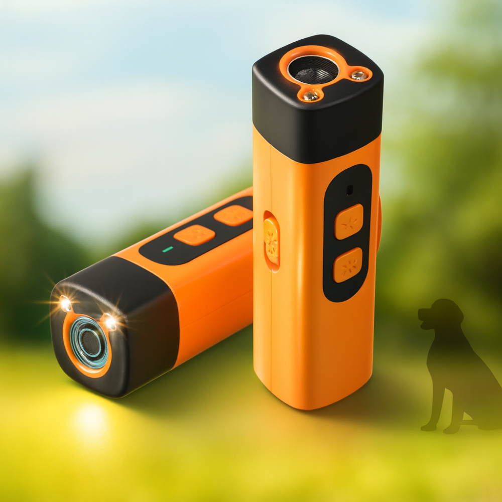 Orange and black cylindrical handheld ultrasonic dog trainer with button panel