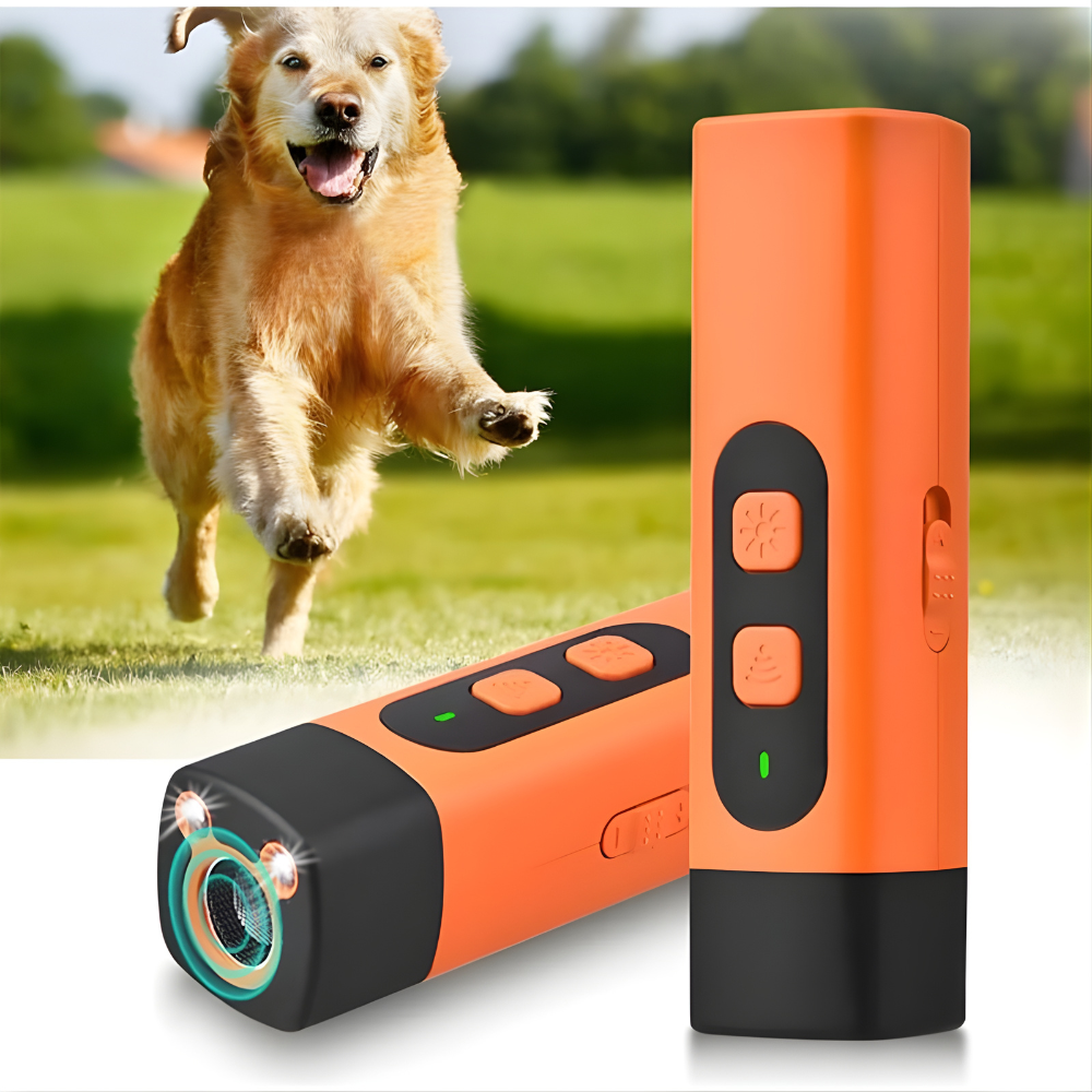 Orange and black ultrasonic dog trainer handheld device with indicator lights