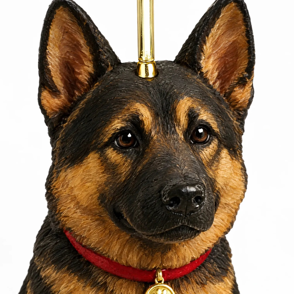 German Shepherd acrylic ornament with red collar and gold hanging loop