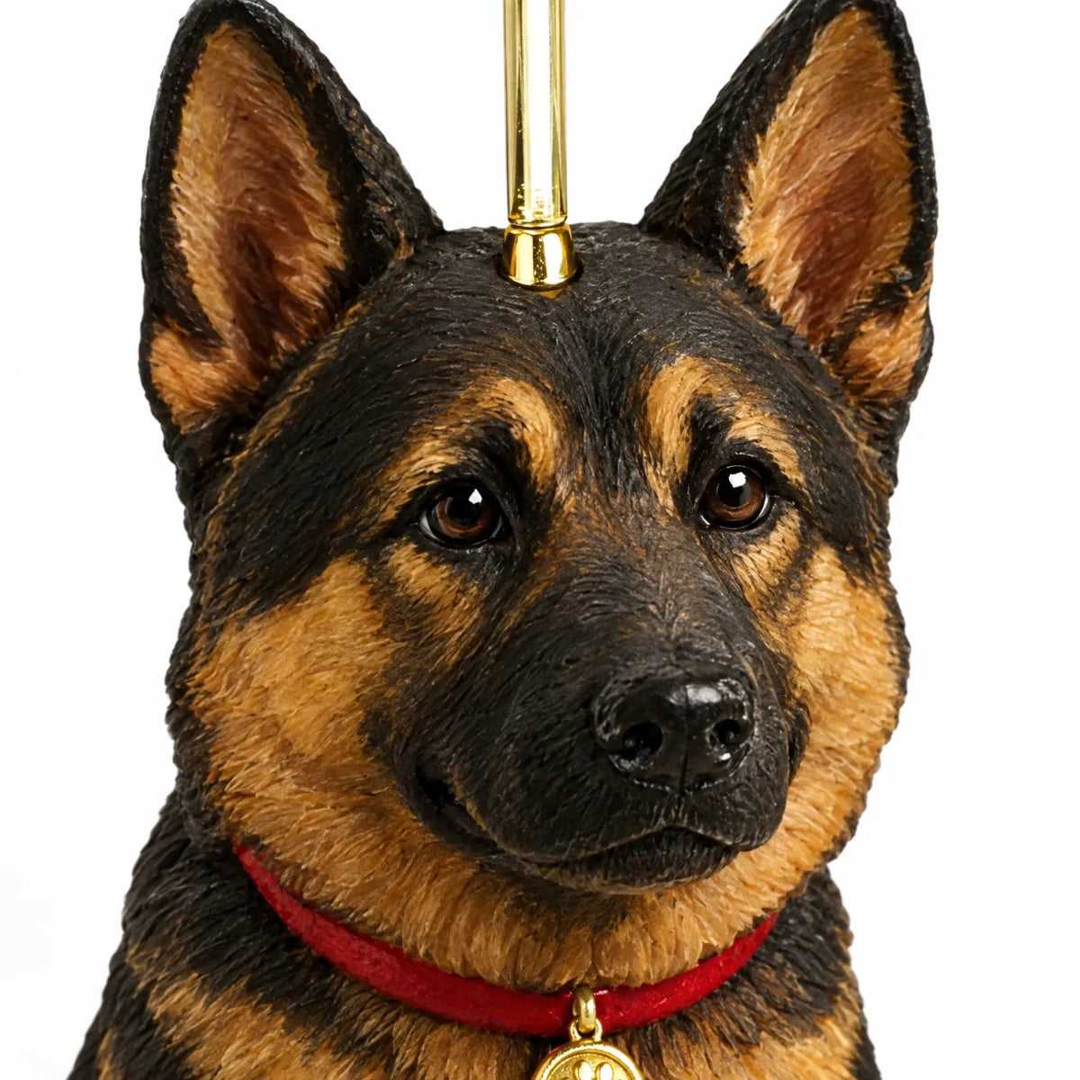 German Shepherd acrylic ornament with red collar and gold hanging loop