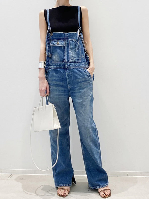 Double-Strap Denim Overalls with Side Bottom Splits-Jumpsuits & Overalls-Camoufit