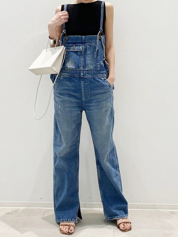 Double-Strap Denim Overalls with Side Bottom Splits-Jumpsuits & Overalls-Camoufit