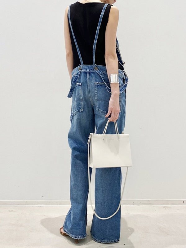 Double-Strap Denim Overalls with Side Bottom Splits-Jumpsuits & Overalls-Camoufit